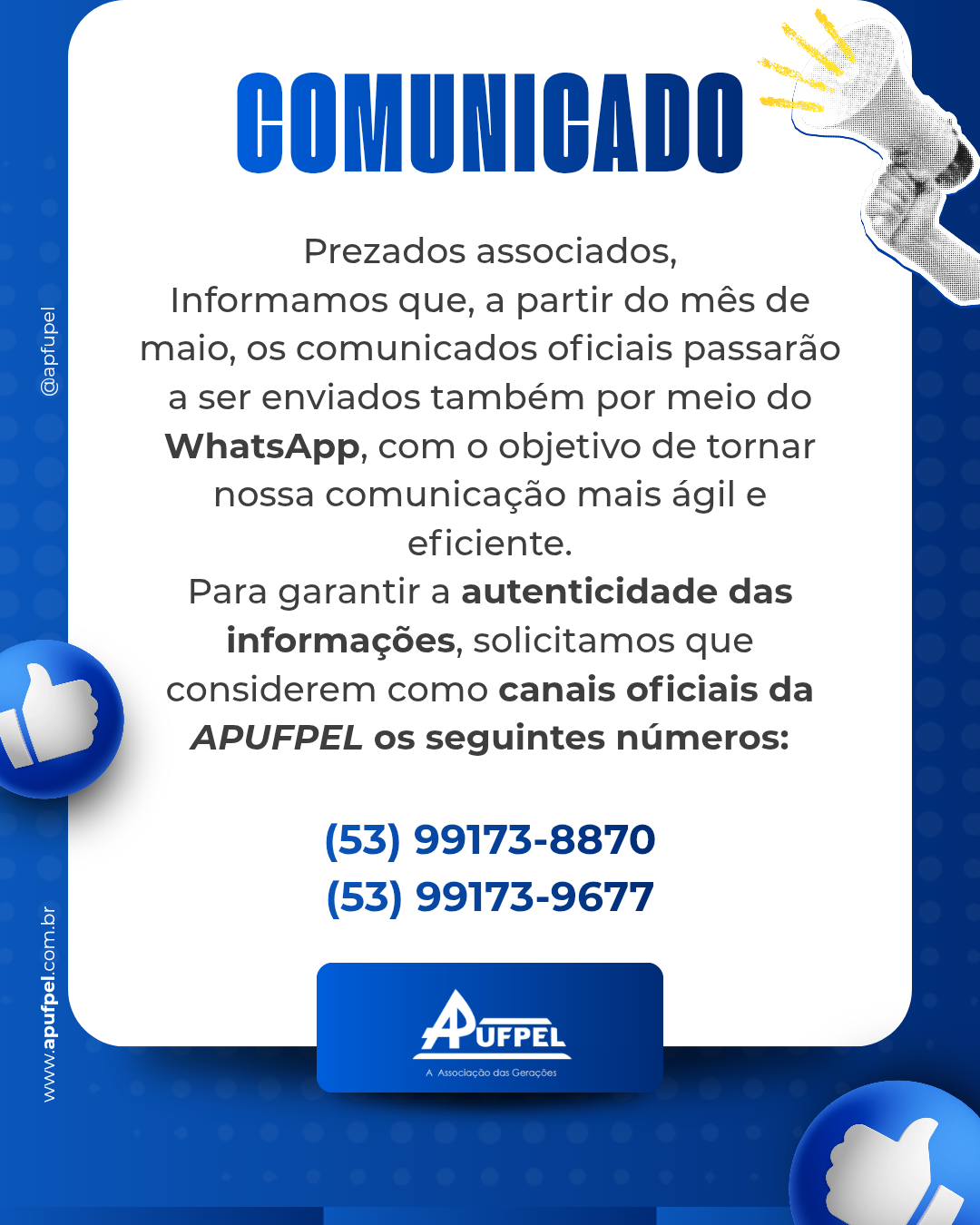 APUFPEL amplia canais oficiais de comunicação via WhatsApp - APUFPEL