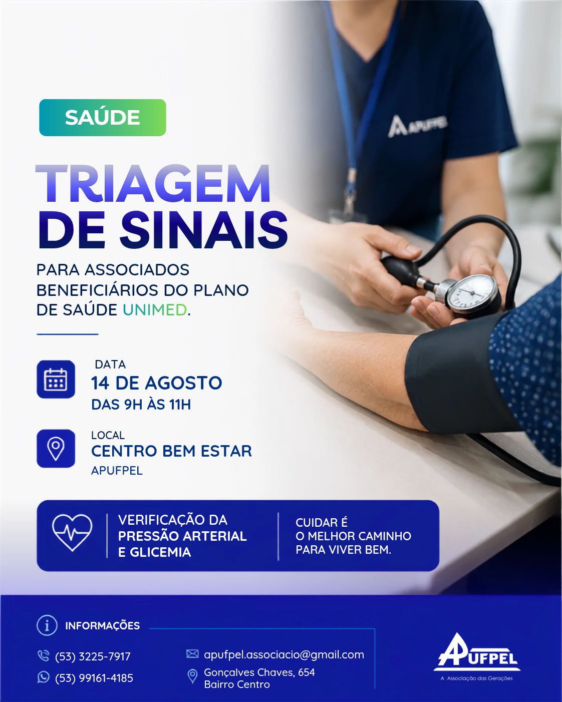 APUFPEL REALIZA TRIAGEM DE SINAIS PARA ASSOCIADOS BENEFICIÁRIOS DO PLANO DE SAÚDE UNIMED - APUFPEL