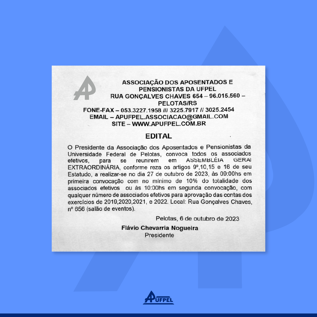 Convocação Assembleia Geral Extraordinária 27/10/23 - APUFPEL