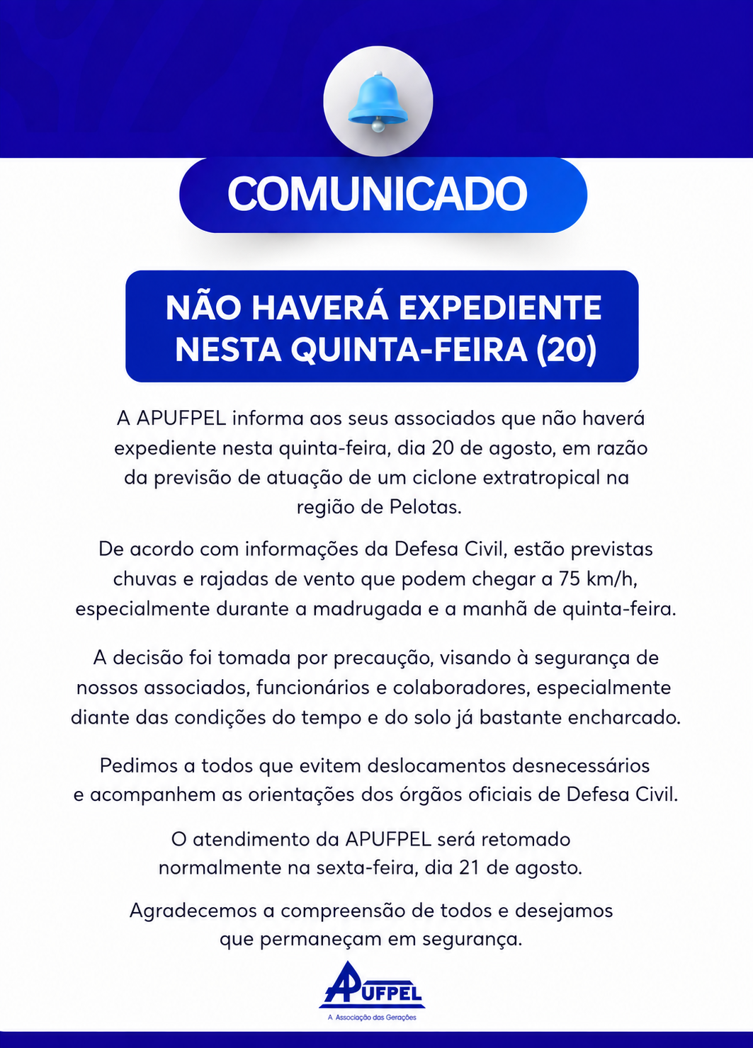 APUFPEL COMUNICADO – NÃO HAVERÁ EXPEDIENTE NESTA QUINTA-FEIRA (20) - APUFPEL