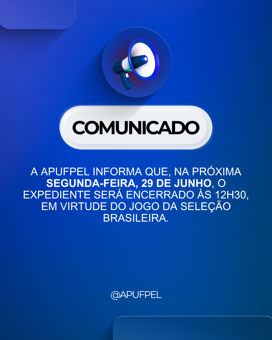 APUFPel terá expediente até as 12h30 na próxima segunda-feira (29) - APUFPEL