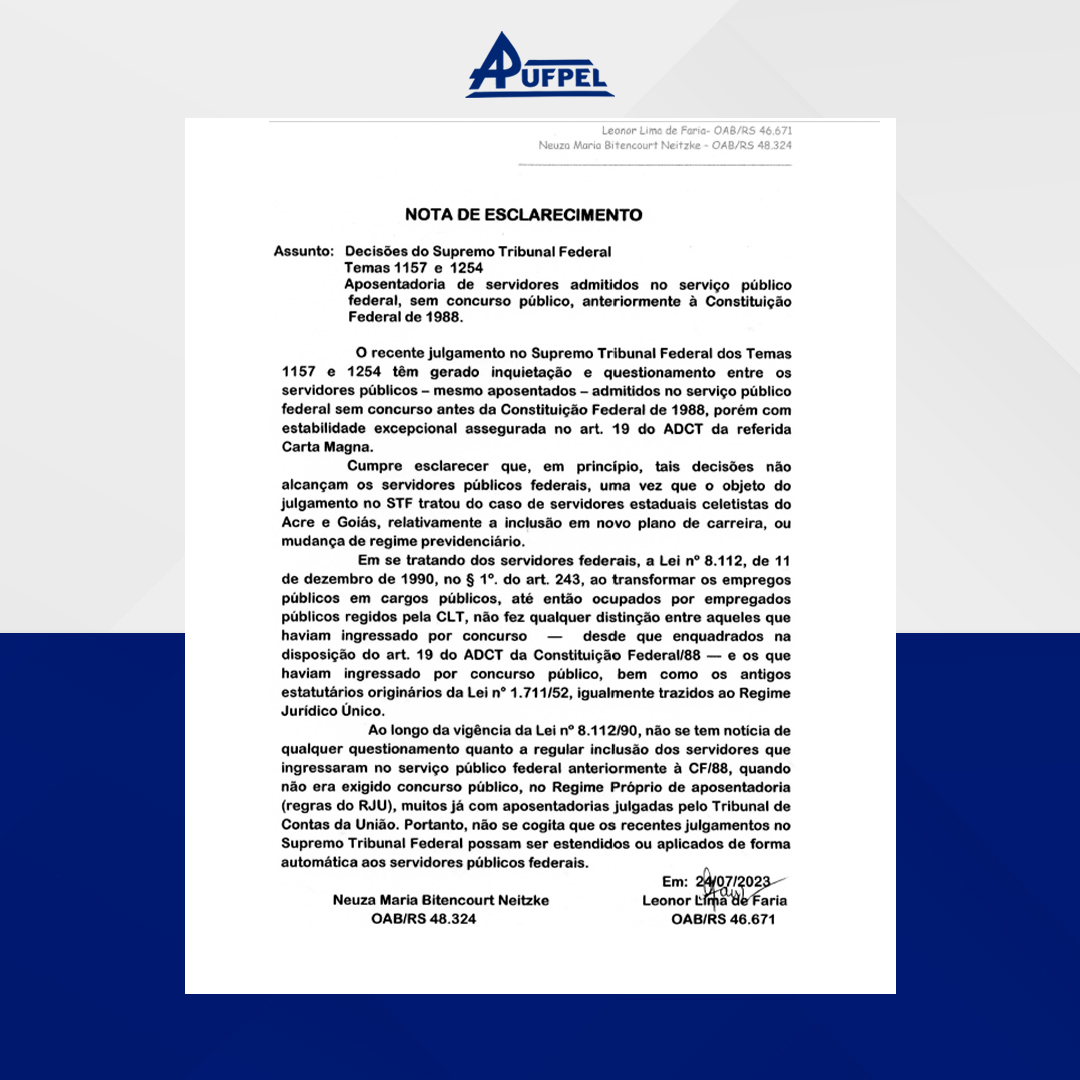 Nota de esclarecimento - APUFPEL