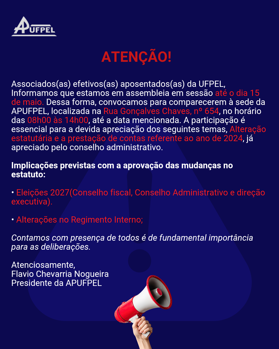 Assembleia da APUFPEL segue em sessão até 15 de maio - APUFPEL