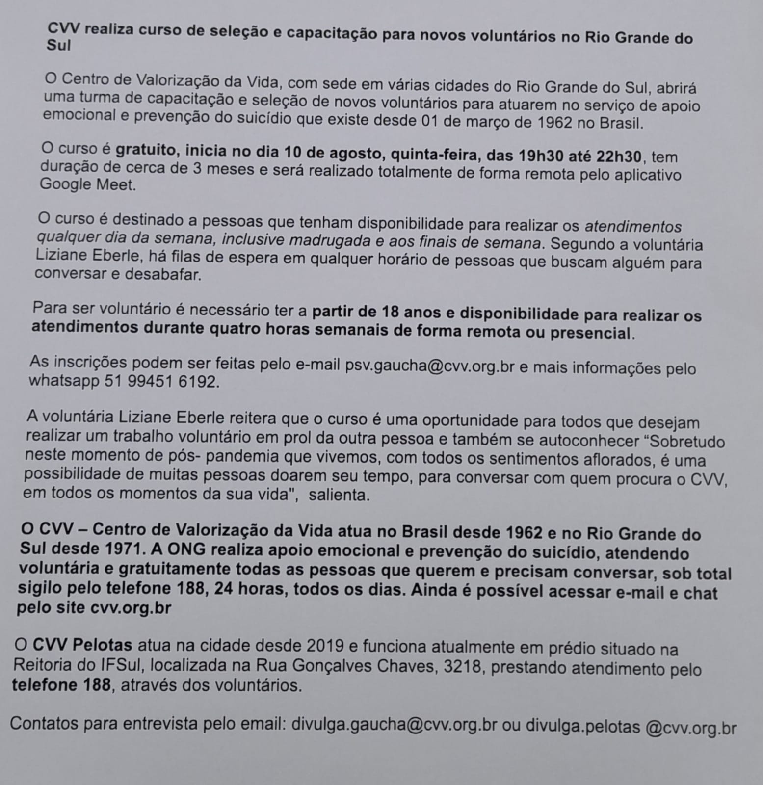 Inscrições para voluntários do Centro de Valorização da Vida (CVV) - APUFPEL