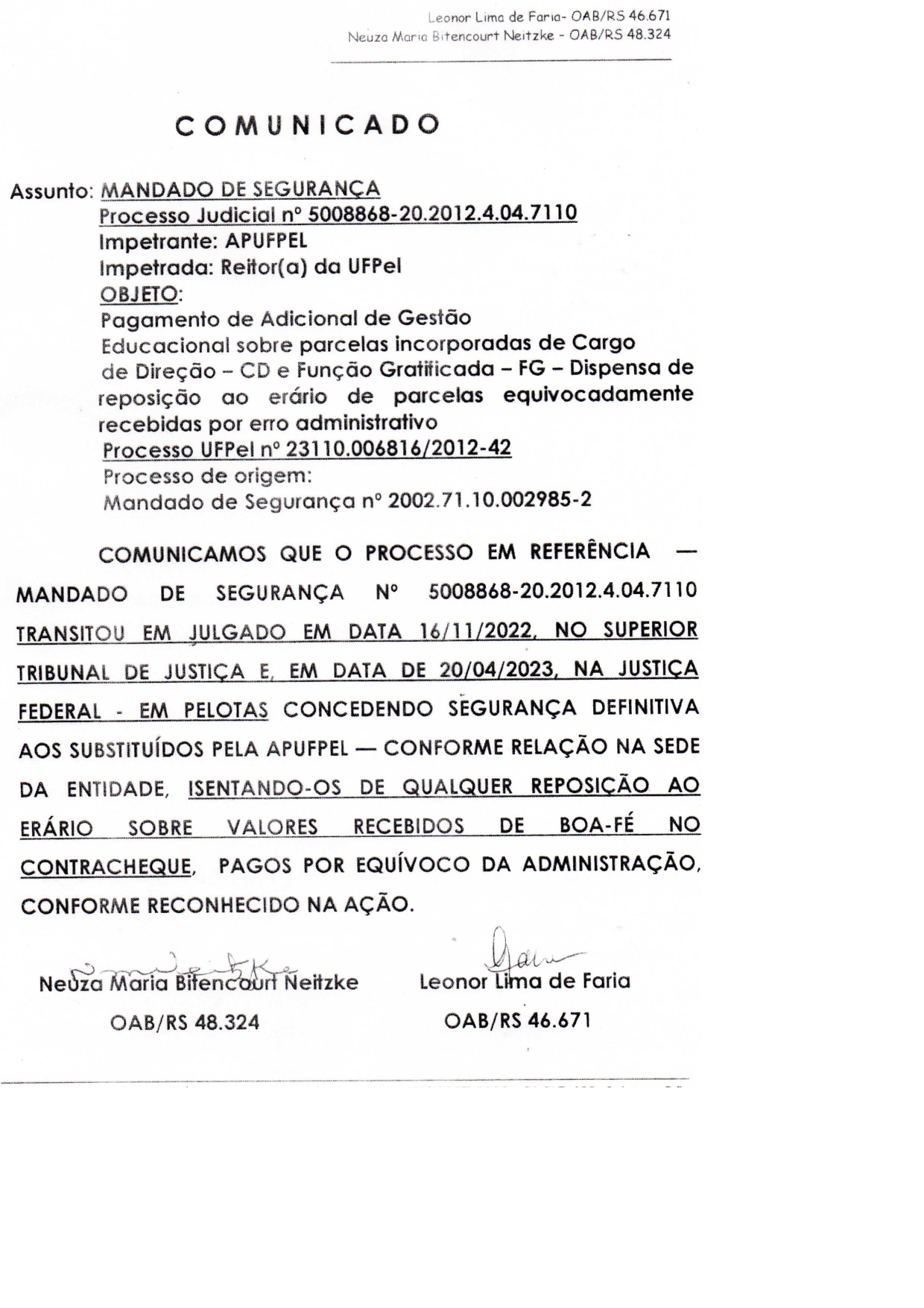 Comunicado processo judicial - APUFPEL