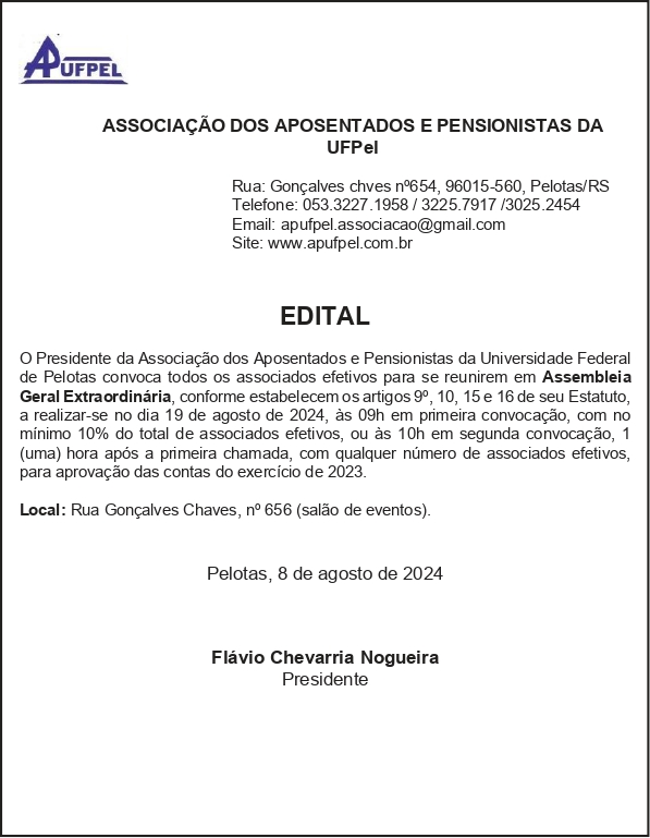 Edital de convocação para a Assembleia Geral Extraordinária (UFPel) - APUFPEL