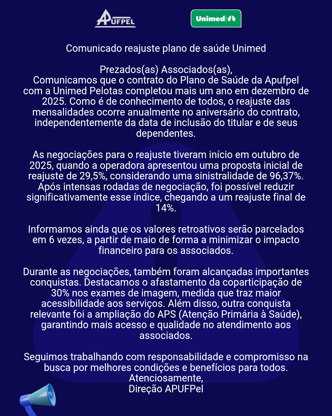 Comunicado reajuste plano de saúde Unimed  - APUFPEL