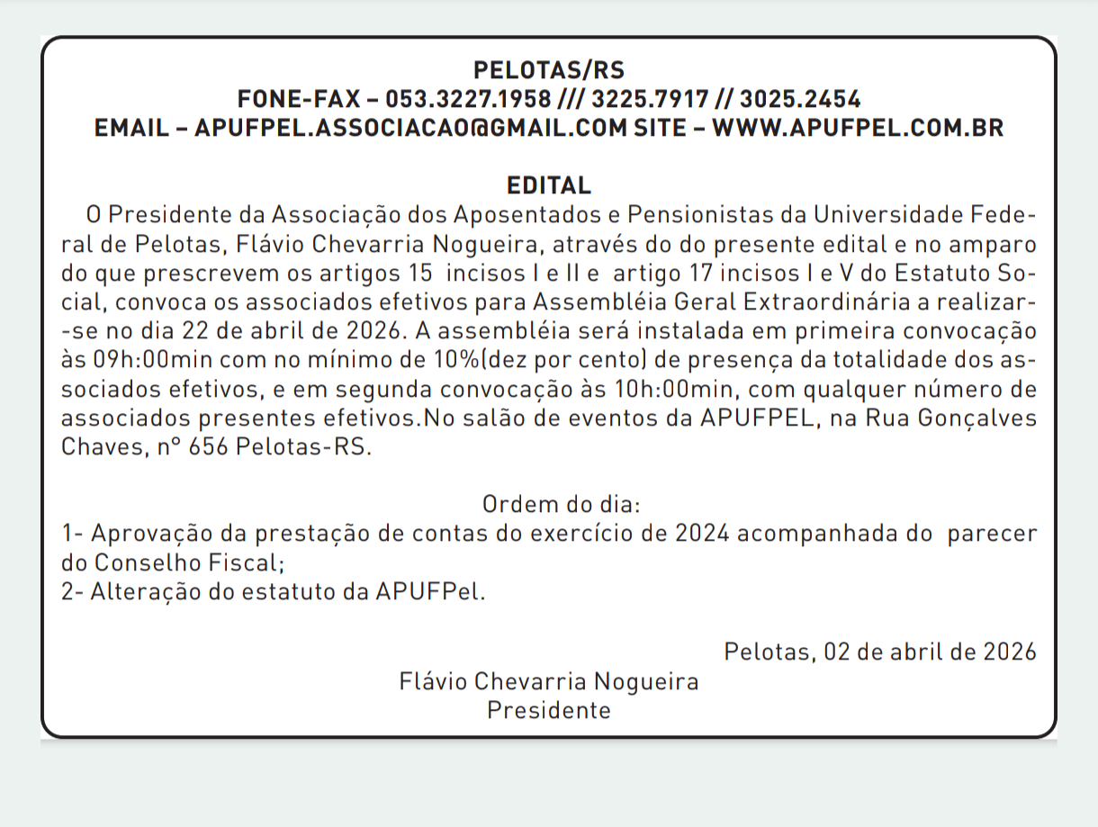 Edital de Convocação – Assembleia Geral Extraordinária - APUFPEL