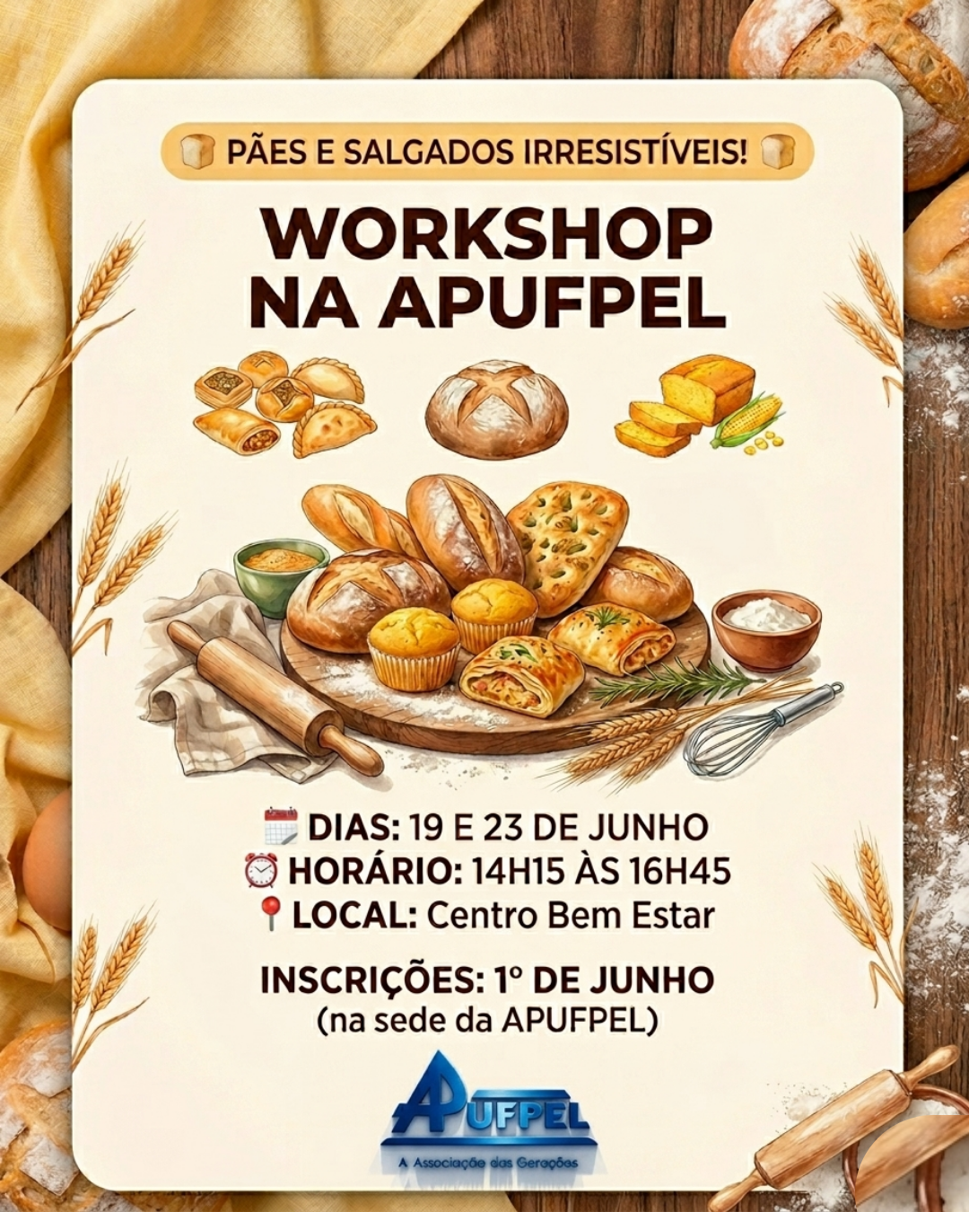 Workshop de Pães e Massas para Salgados será realizado no Centro Bem Estar APUFPEL - APUFPEL