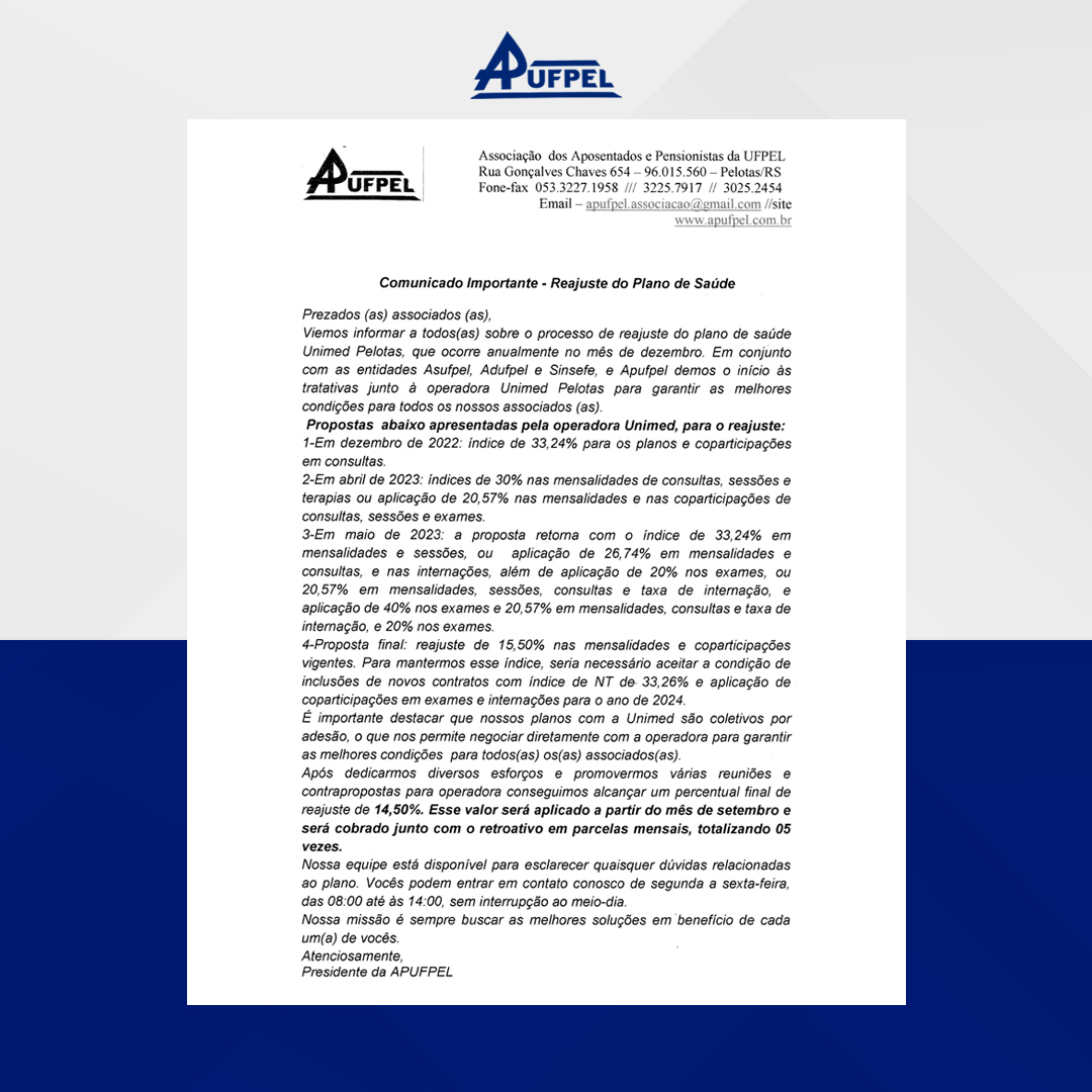 Comunicado reajustes plano de saúde Unimed - APUFPEL
