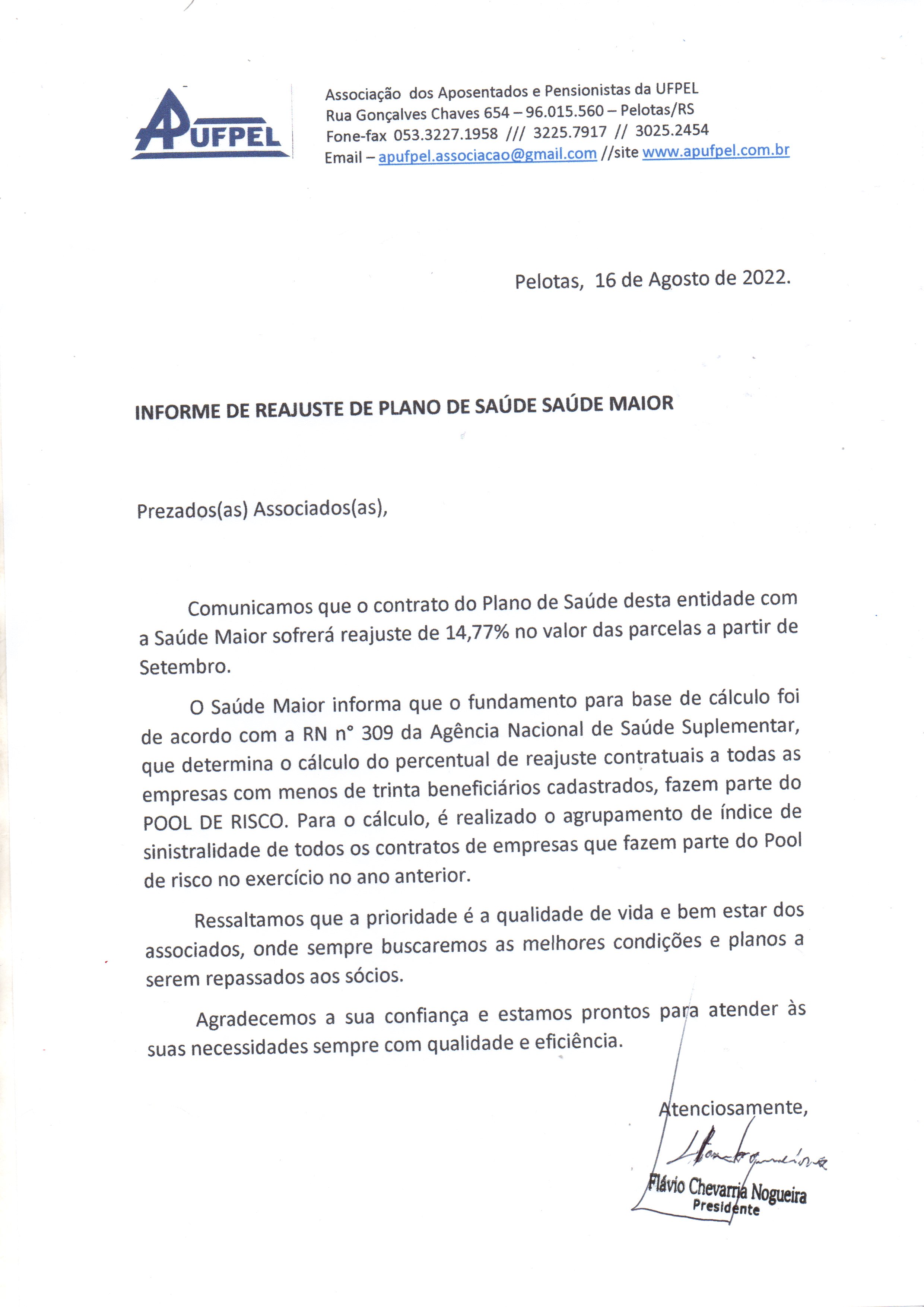 Reajuste Saúde Maior - APUFPEL